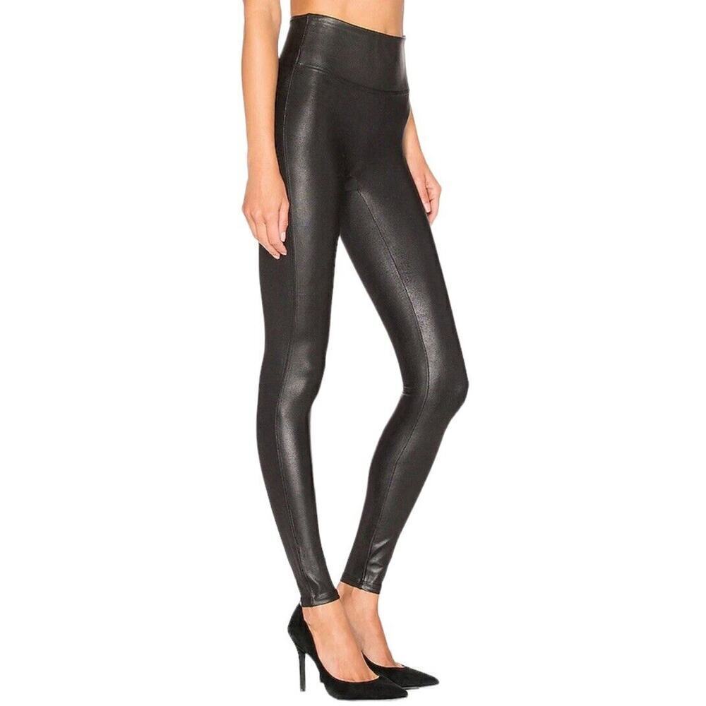 SPANX Black Faux Leather‎ Leggings Shimmer w/ Crack Effect Women Small Shaping